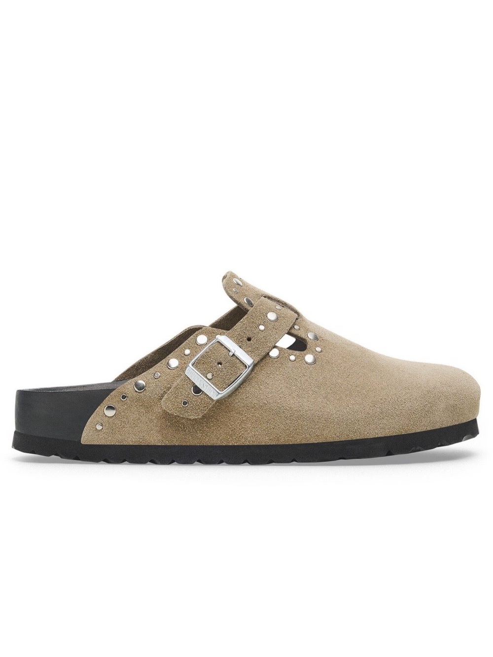 Birkenstock Taupe Suede Studded Buckle Clog Mule comes in box